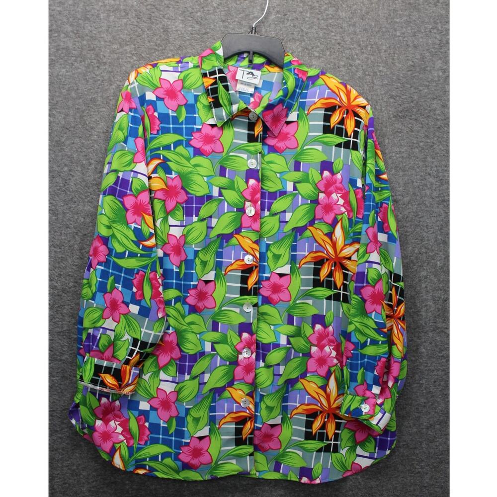Womens 1X Vintage Top Tropical  Floral Print Collared Button Front Shouler Pads